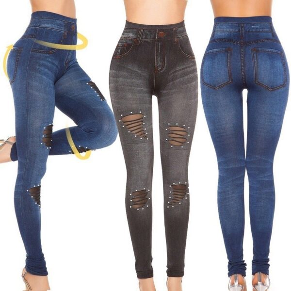 Cutout Mesh Studs Pearl Stretch Denim Leggings - Image 6