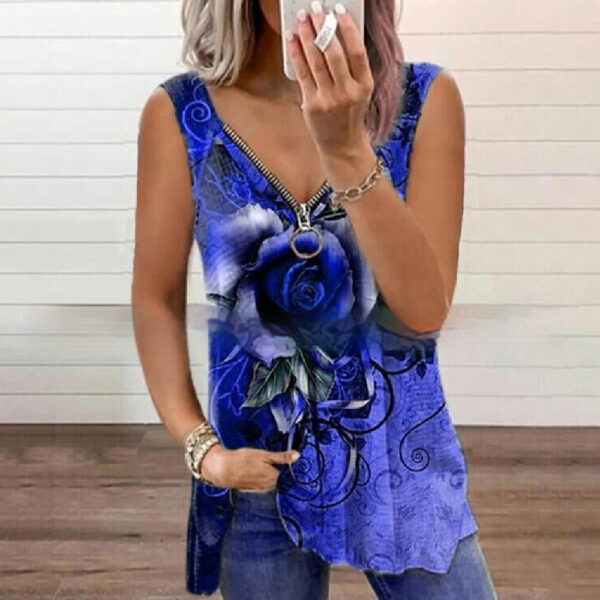 Summer New Fashion Women's V-neck Zipper Rose Print Casual Vest - Image 5