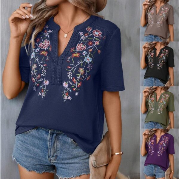 Fashion Flowers Embroidery Short Sleeve T-shirt Summer Stitching Lace-collared Blouse Womens Clothing