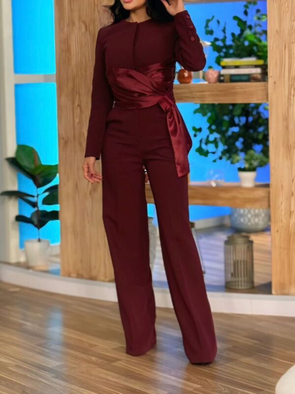 Burgundy Satin Strappy Top & High-waisted Pants Set - Image 4