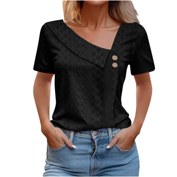 Summer V-neck Button Solid Color Loose Women's Short Sleeved T-shirts - Image 9