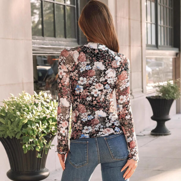 High Collar Long Sleeve Lace Floral Mesh - Image 9