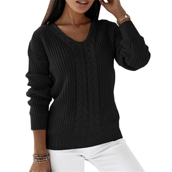 Long-sleeved V-neck Solid Color Twist Casual Knitted Pullover Top - Image 9