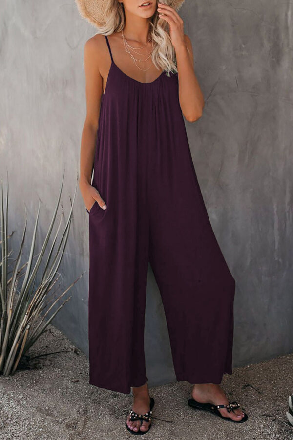 Women's Fashion Solid Color Pocket Loose Casual Sling Jumpsuit - Image 4