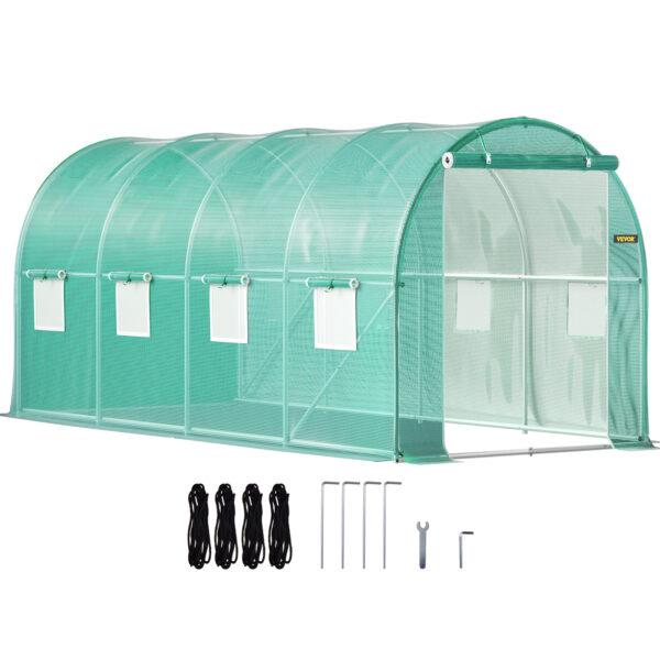 VEVOR Walk-in Tunnel Greenhouse, 15 X 7 X 7 Ft Portable Plant Hot House W Galvanized Steel Hoops, 1 Top Beam, Diagonal Poles, Zippered Door & 8 Roll-up Windows, Green - Image 2