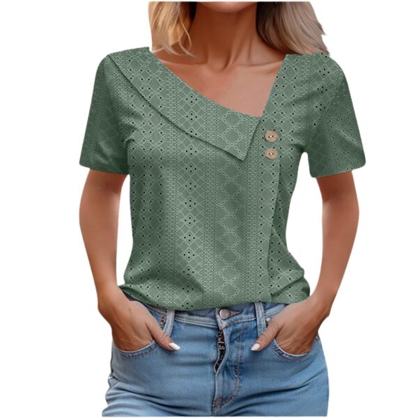 Summer V-neck Button Solid Color Loose Women's Short Sleeved T-shirts - Image 5