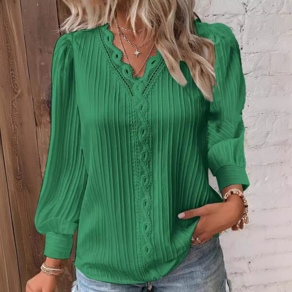 Long Sleeve V-neck Lace Patchwork Shirt - Image 5