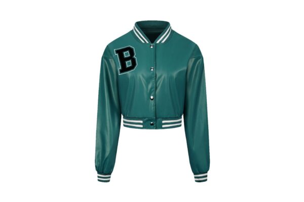 Women's Color Matching Thread Leather Baseball Uniform Coat Top - Image 7