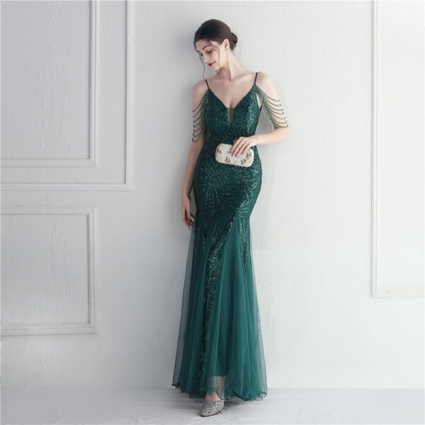 Mesh Beaded Bridal Wedding Dinner Long Camisole Evening Gown - Image 9