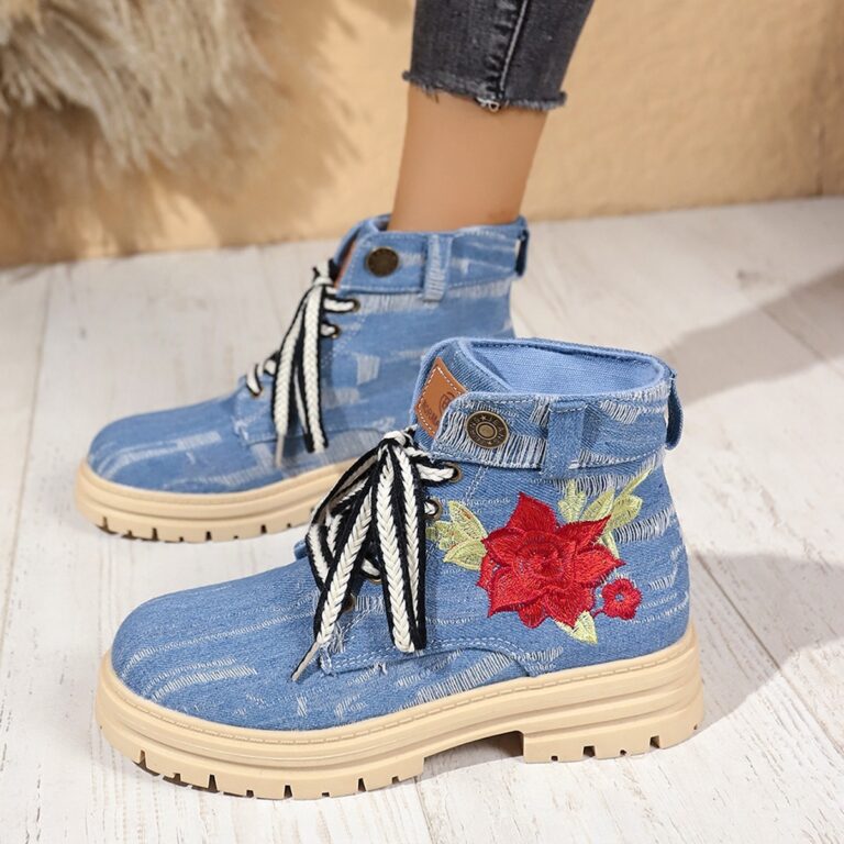 Lace-up Canvas Boots Fashion Rose Embroidered Shoes Round Toe Thick Heel Short Boot Women - Image 3