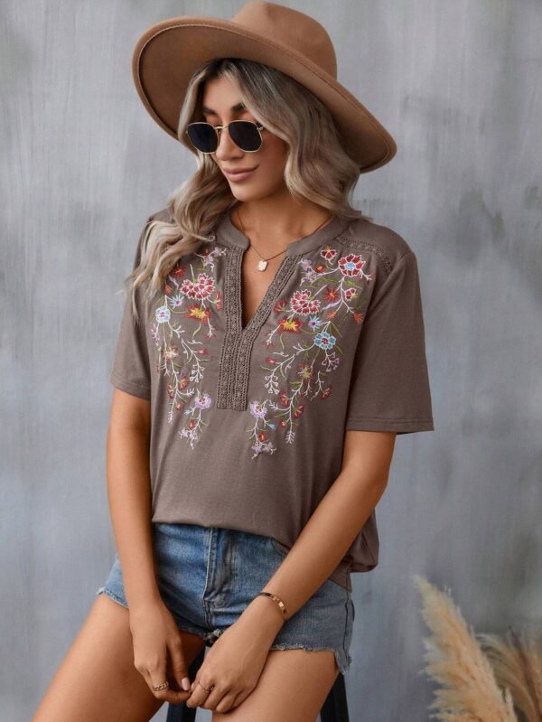 Fashion Flowers Embroidery Short Sleeve T-shirt Summer Stitching Lace-collared Blouse Womens Clothing - Image 9