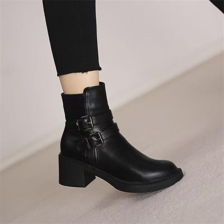 Black Belt Buckle Round Toe Mid Heel Short Boots For Women - Image 4