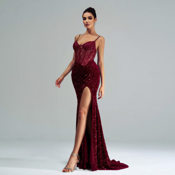 Spaghetti Straps Sleeveless Sequined High Slit Evening Dress - Image 3