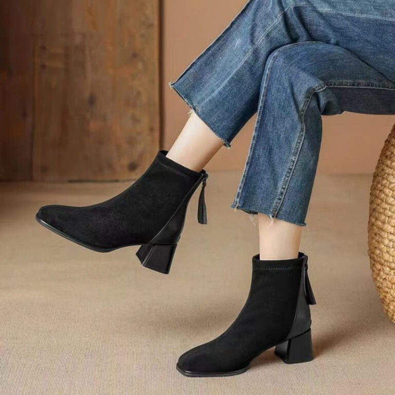 French Style Suede Boots Chunky Heel Thin Women's - Image 9