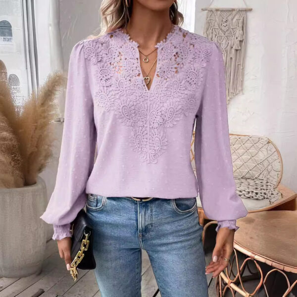 Lace Solid Color Long Sleeve Casual Women's Top - Image 3