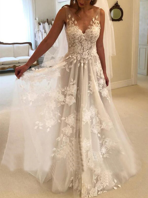 Double-shoulder Deep V-neck Slim-fit Lace Wrapped Shoulder Tail Wedding Dress - Image 5