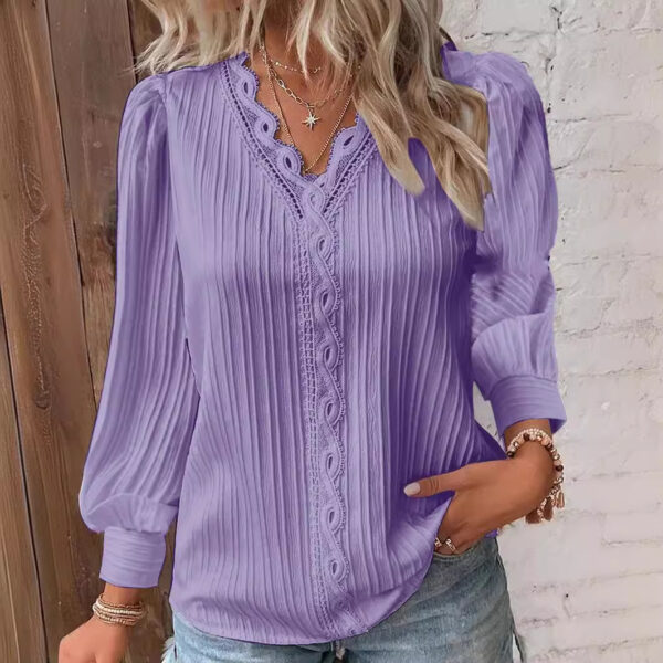 Long Sleeve V-neck Lace Patchwork Shirt - Image 4