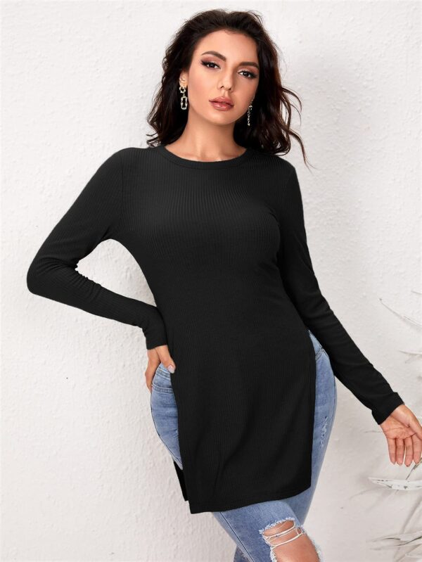 Women's Fashion Casual Long Sleeve Round Neck Ribbed Knit T-Shirt - Image 4