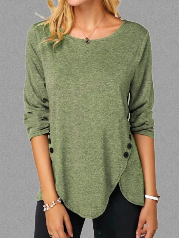 Irregular Button Hem Long Sleeved Round Neck Oversized T-shirt - Image 3