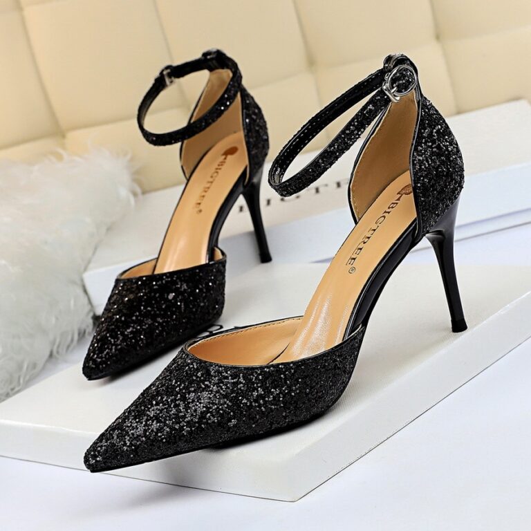 European and American style stiletto high-heeled shallow mouth pointed toe hollow sequin sexy nightclub slimming word with female sandals - Image 7