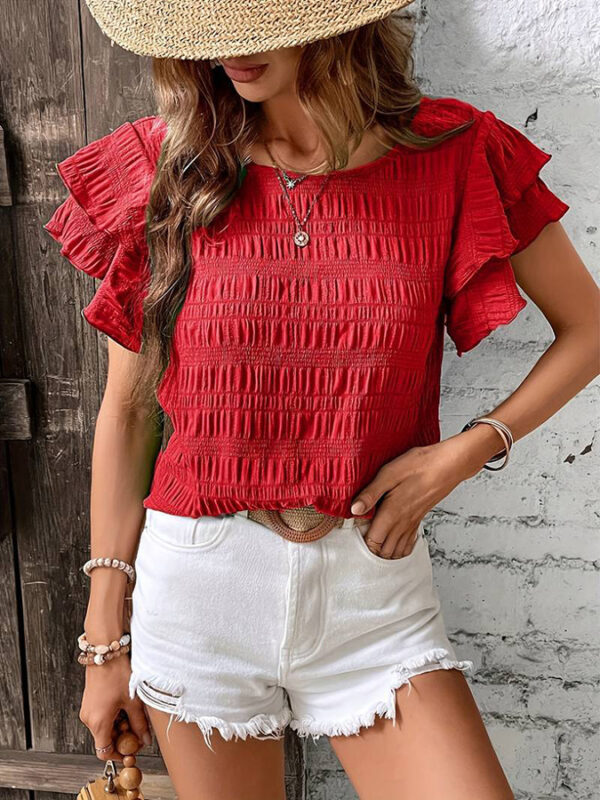 Summer Ruffled Short-sleeved T-shirt Casual Round Neck Pleated Design Top For Women Clothing - Image 4