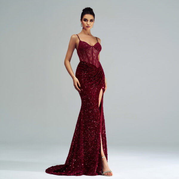 Spaghetti Straps Sleeveless Sequined High Slit Evening Dress - Image 4