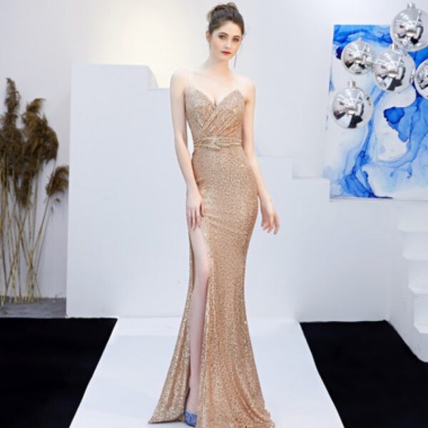 New Banquet Elegant Annual Meeting Long Host Deep V Sexy Fishtail Sequined Dress - Image 3