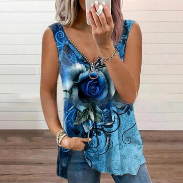 Summer New Fashion Women's V-neck Zipper Rose Print Casual Vest - Image 3