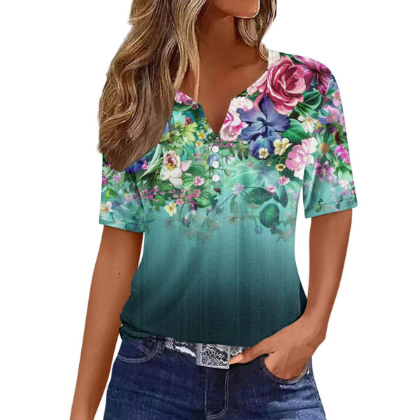 Women's Floral Printed V-neck Short Sleeve Button T-shirt - Image 10