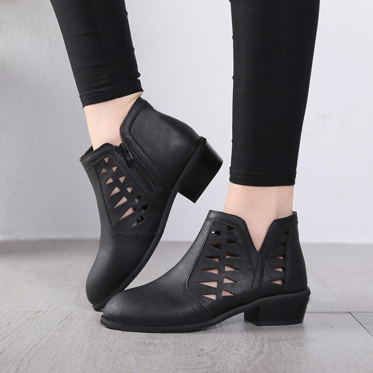 Ladies Side Zipper Hollow Thick Heel Women's Boots - Image 3