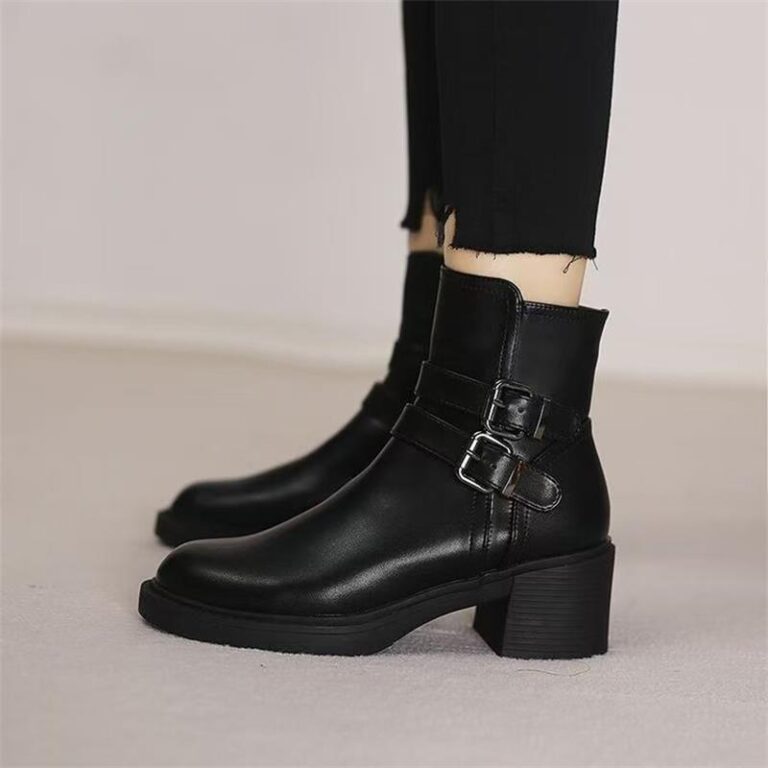 Black Belt Buckle Round Toe Mid Heel Short Boots For Women - Image 2