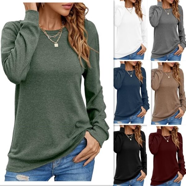 European And American Style Women Long Sleeve Shirt Solid Color Round Neck Coat - Image 6