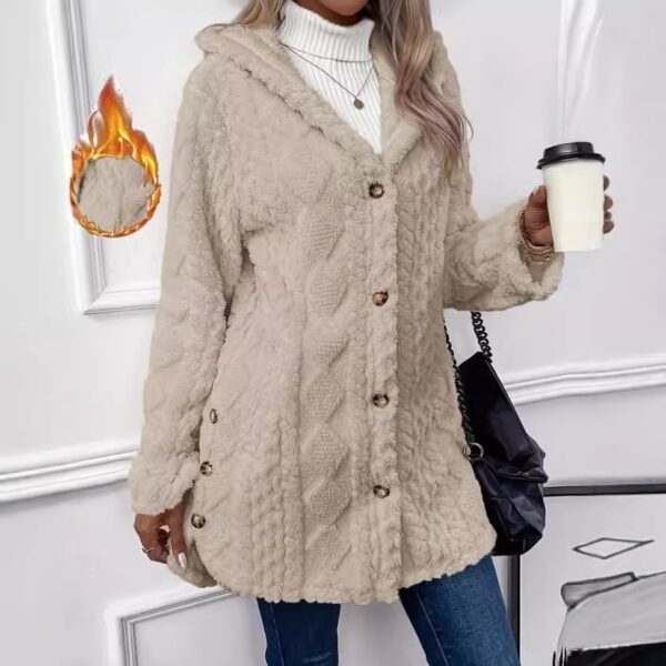 Hooded Cardigan Button Long Jacket Winter Solid Color Long Sleeve Coat - Image 2