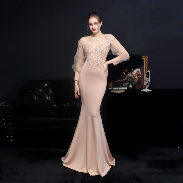 Full Craft Lace Hot Long-sleeved Evening Dress Tail Skirt - Image 5