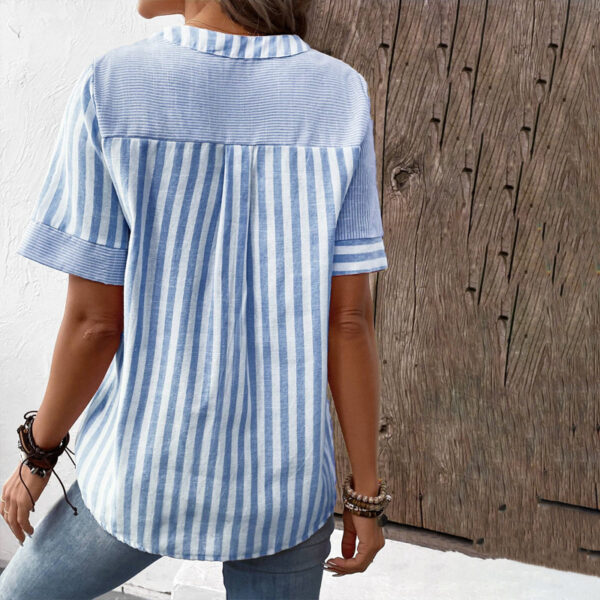 Summer V-neck Short-sleeved Shirt Blouse Fashion V-neck Asymmetric Stripes Patchwork Design Top Womens Clothing - Image 6