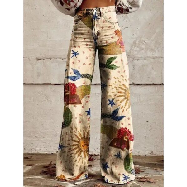 Fashion Women's Printed High Waist Loose Thin Imitation Denim Wide Leg Pants - Image 6