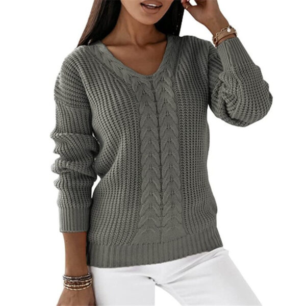 Long-sleeved V-neck Solid Color Twist Casual Knitted Pullover Top - Image 2