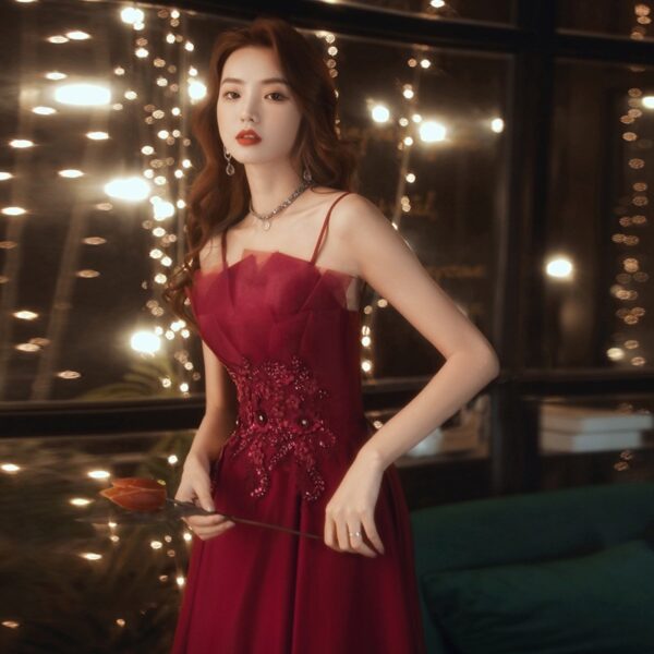 Engagement Strap Evening Dress Simple Atmosphere Wine Red - Image 8