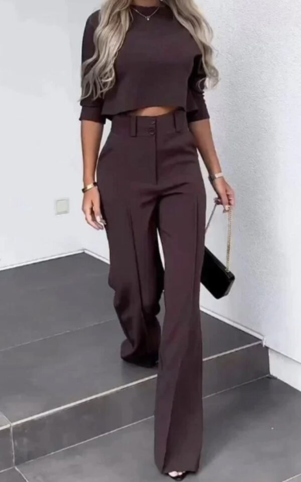 Women's Clothing Solid Color Commute Graceful Half Sleeve Midriff-baring Top High Waist Wide Leg Pants Suit