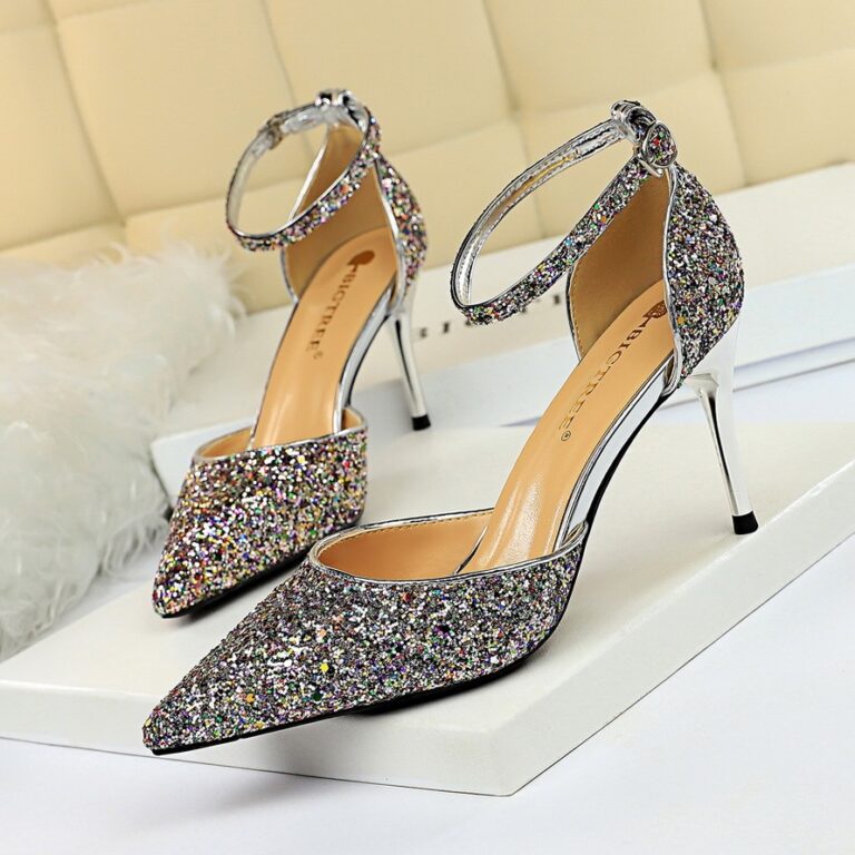 European and American style stiletto high-heeled shallow mouth pointed toe hollow sequin sexy nightclub slimming word with female sandals - Image 2