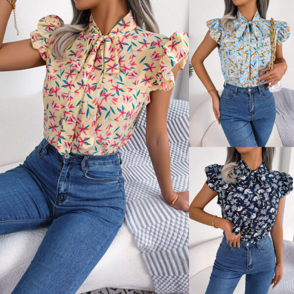 Casual Floral Stringy Selvedge Lace-up Bow Top