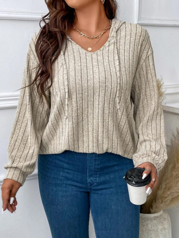 Women's V-neck Hooded Long-sleeved Sunken Stripe Brushed Top - Image 5