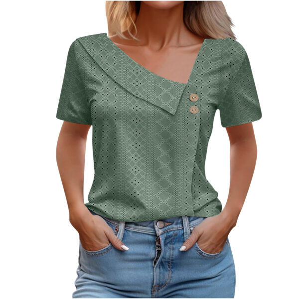 Summer V-neck Button Solid Color Loose Women's Short Sleeved T-shirts - Image 3