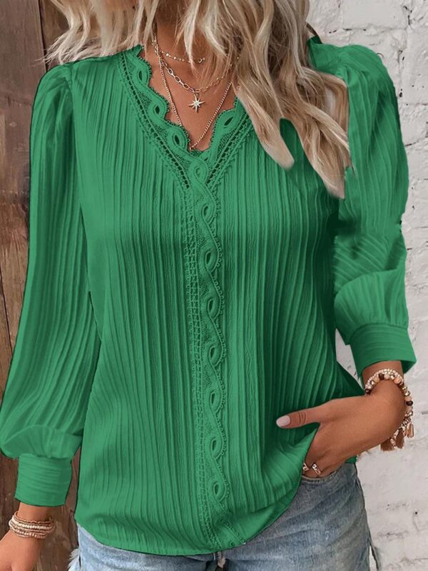 Long Sleeve V-neck Lace Patchwork Shirt - Image 7