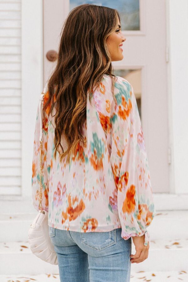 Multicolor Abstract Printing Split Collar Puff Sleeve Shirt - Image 5