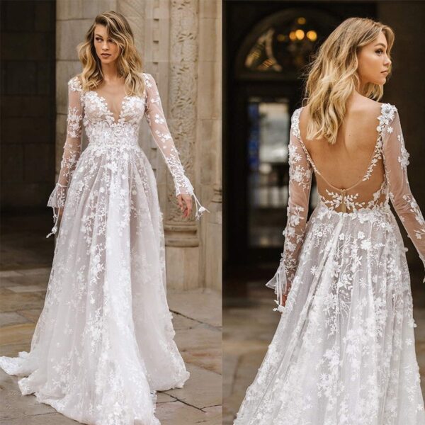 Wedding Dress Sexy Lace Long Sleeve Dress Evening Dress - Image 2