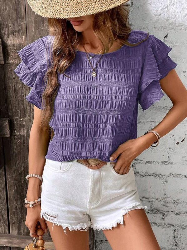 Summer Ruffled Short-sleeved T-shirt Casual Round Neck Pleated Design Top For Women Clothing - Image 6