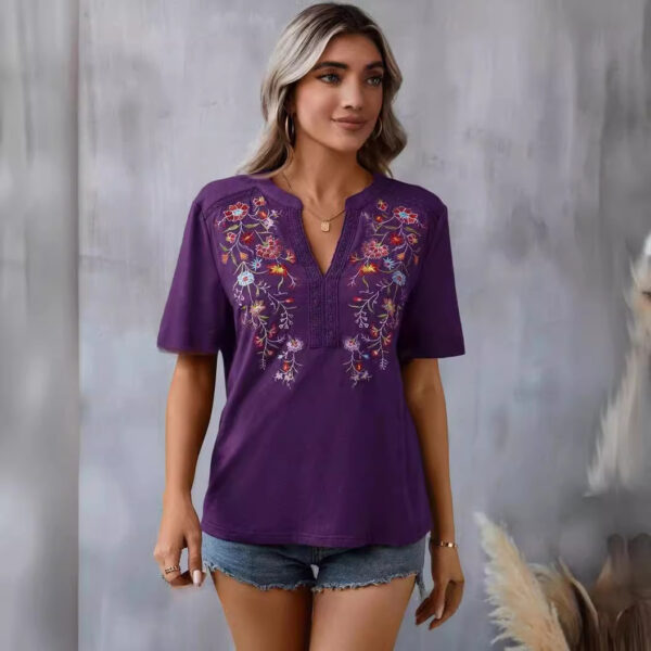 Fashion Flowers Embroidery Short Sleeve T-shirt Summer Stitching Lace-collared Blouse Womens Clothing - Image 6