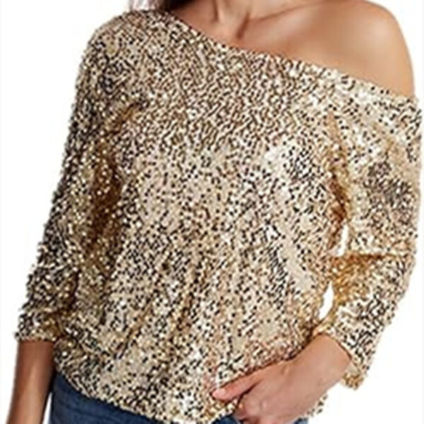 Loose Sequins Oblique Shoulder Short Sleeve Sequined Shirt - Image 4