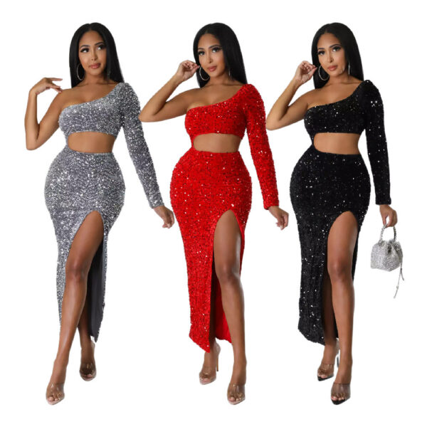 One-shoulder Fashionable Sequins Sexy Navel Split Hip Women's Clothing Dress - Image 5